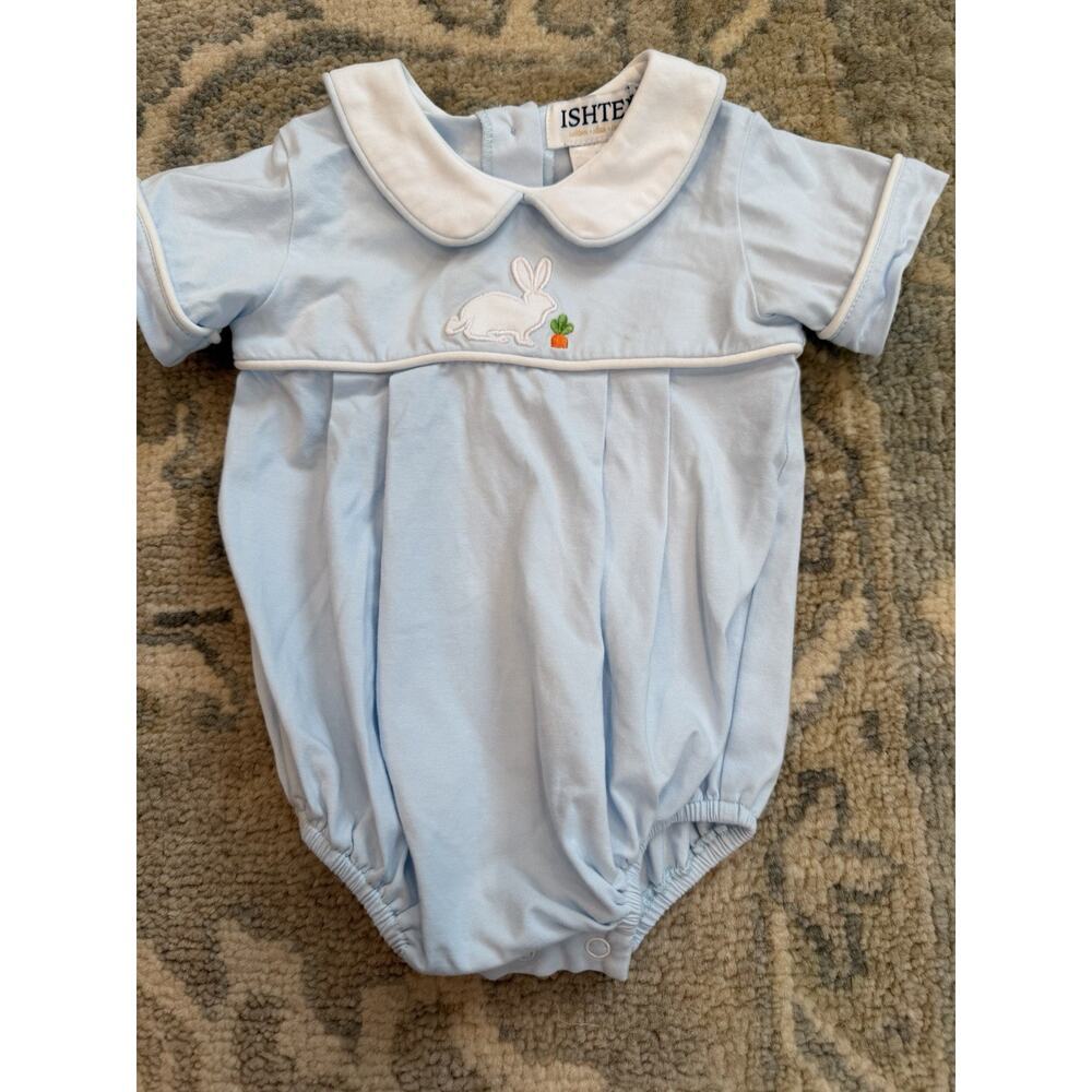 Ishtex Pima Cotton Blue Easter Embroidered Bunny Bubble 6 Months